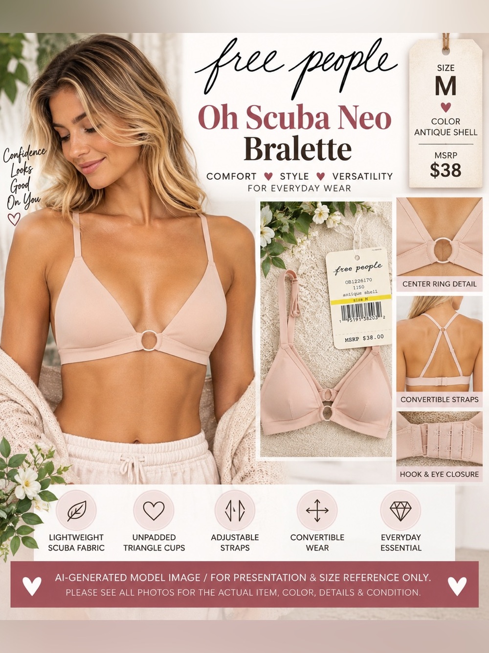 Free People Oh Scuba Neo Bralette Antique Shell M